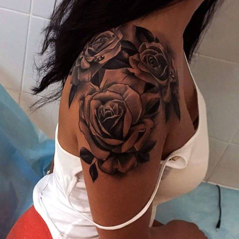 Grey Rose Tattoo On Right Shoulder by Vladimir Drozdov