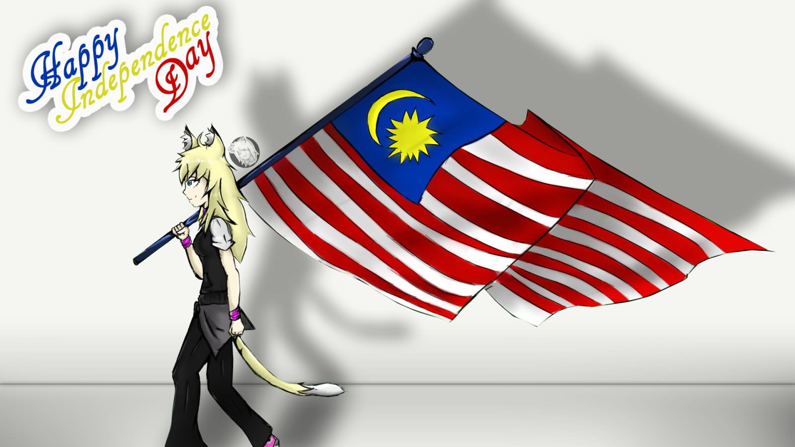 Happy Independence Day Malaysia Cat Girl With Flag