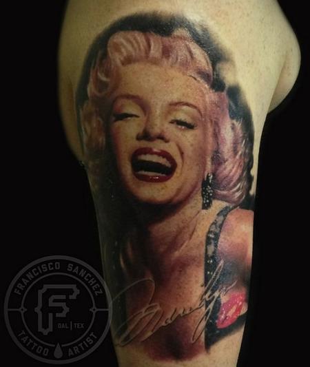 Happy Marilyn Monroe Portrait Tattoo On Right Half Sleeve