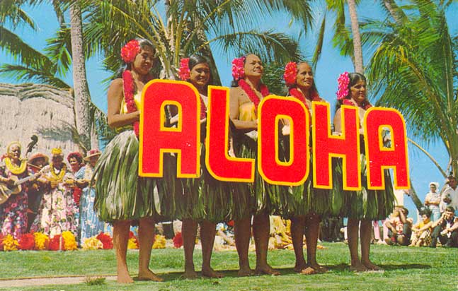 Hawaiian Girls With Aloha Text In Hand Picture