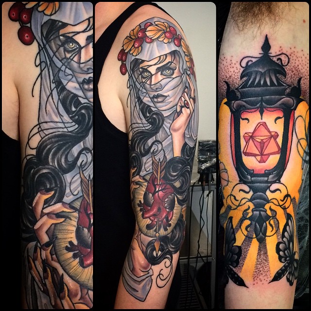 Heart And Girl With Lantern Tattoo On Full Sleeve By Kat Abdy