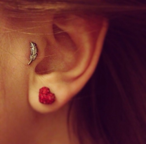 Heart Stud Lobe And Feather Stud Tragus Piercing