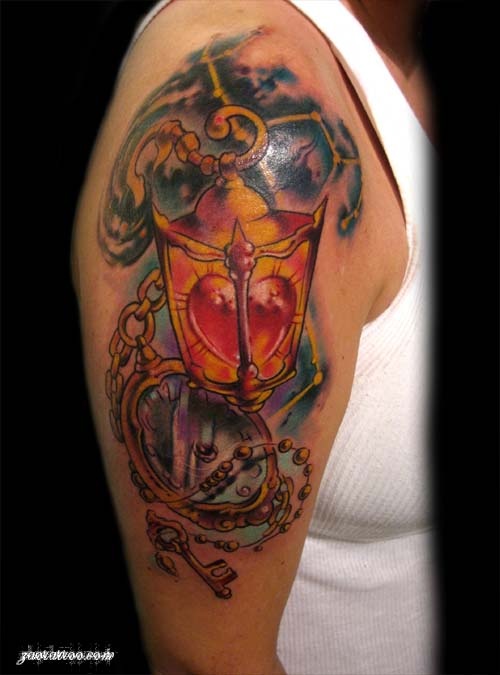 Heart Victorian Lantern Tattoo On Right Half Sleeve
