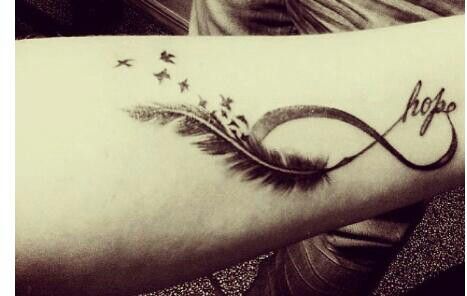 Hope Infinity Feather Tattoo On Forearm