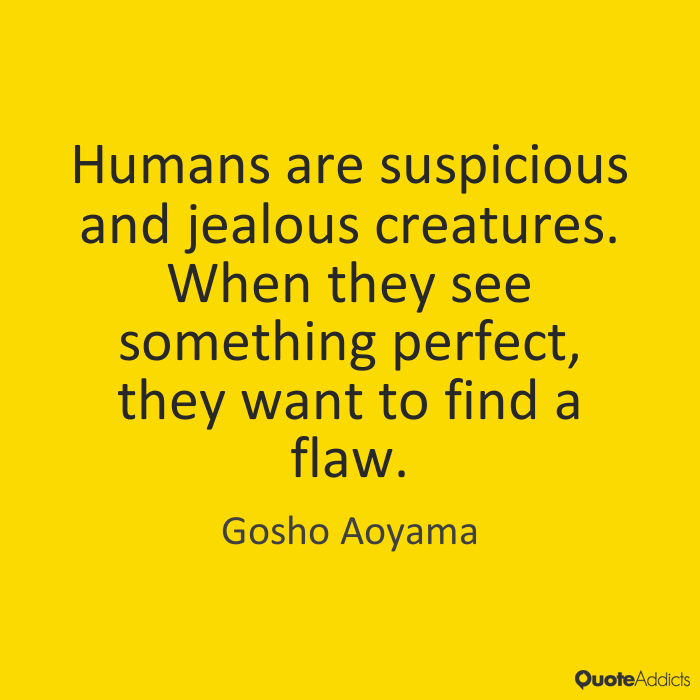 Humans are suspicious and jealous creatures. When they see something perfect, they want to find a flaw - Gosho Aoyama