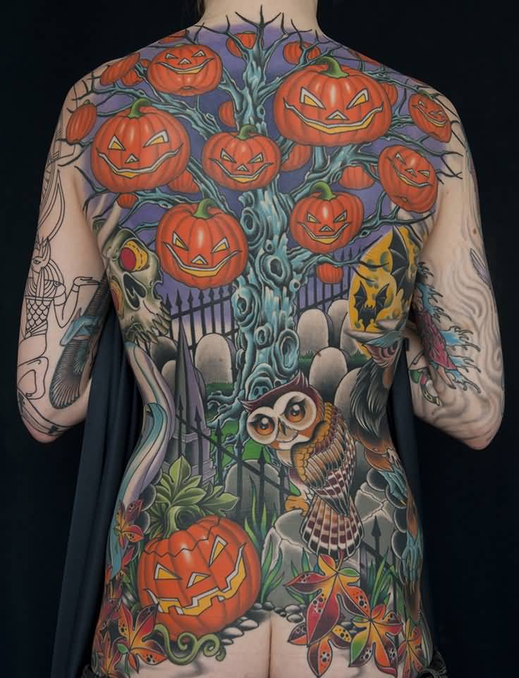Impressive Jack O Lanterns With Owl Colorful Tattoo On Full Back