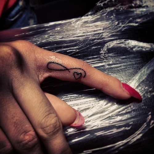 Infinity Symbol And Heart Tattoo On Finger Side