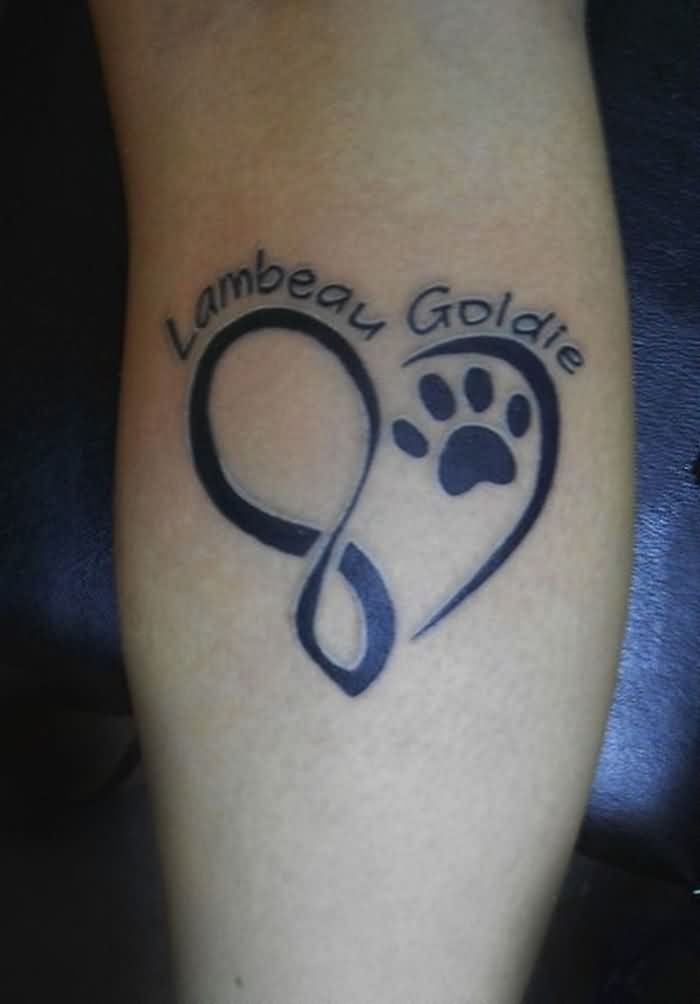 Infinity Symbol And Paw Dark Black Tattoo On Arm