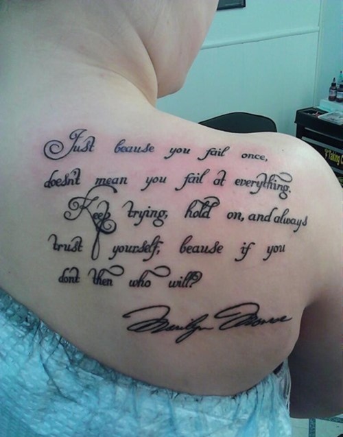 Inspiring Marilyn Monroe Quote Tattoo On Right Back Shoulder