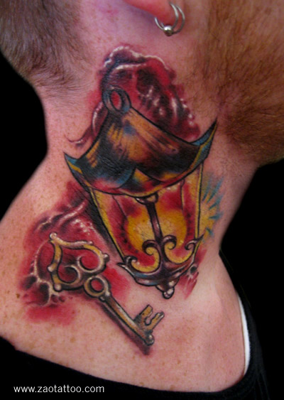 Key And Lantern Tattoo On Side Neck For Men