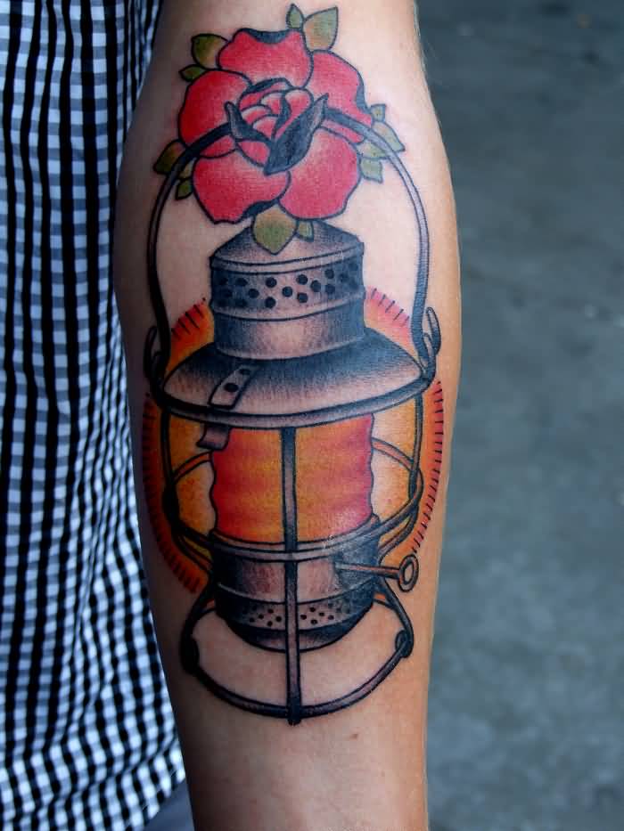 Key In Lantern Traditional Tattoo On Forearm