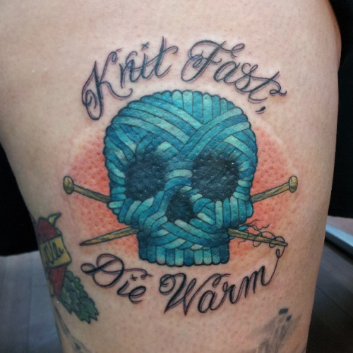 Knitted Skull With Lettering Tattoo