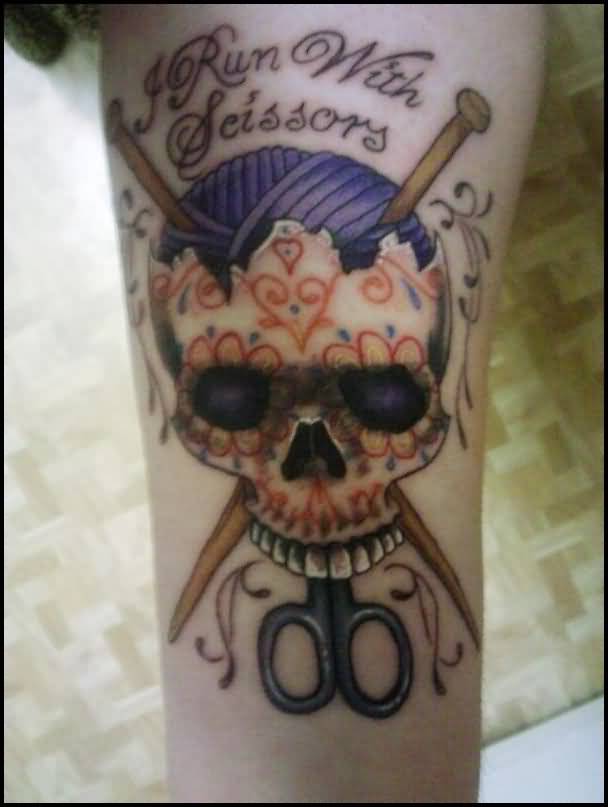 Knitted Sugar Skull With Scissor Tattoo On Arm
