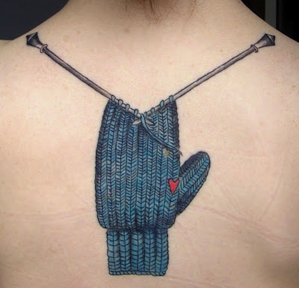 Knitting Mittens Tattoo On Upper Back