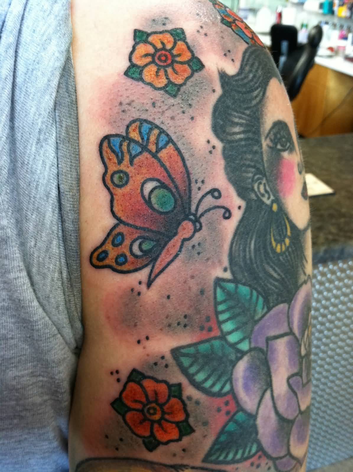 Lady With Butterflies Old School Tattoo