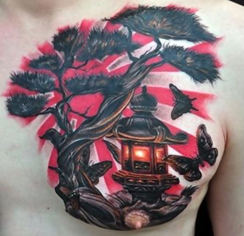 Lantern With Tree And Butterflies Tattoo On Chest