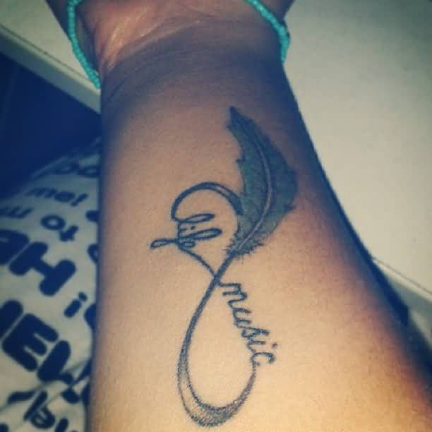 Life Music Words And Feather Infinity Tattoo On Forearm