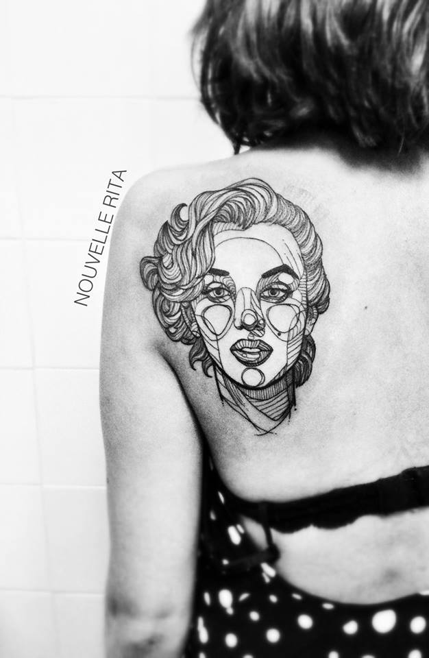 Linework Marilyn Monroe Tattoo On Left Back Shoulder By Nouvelle Rita