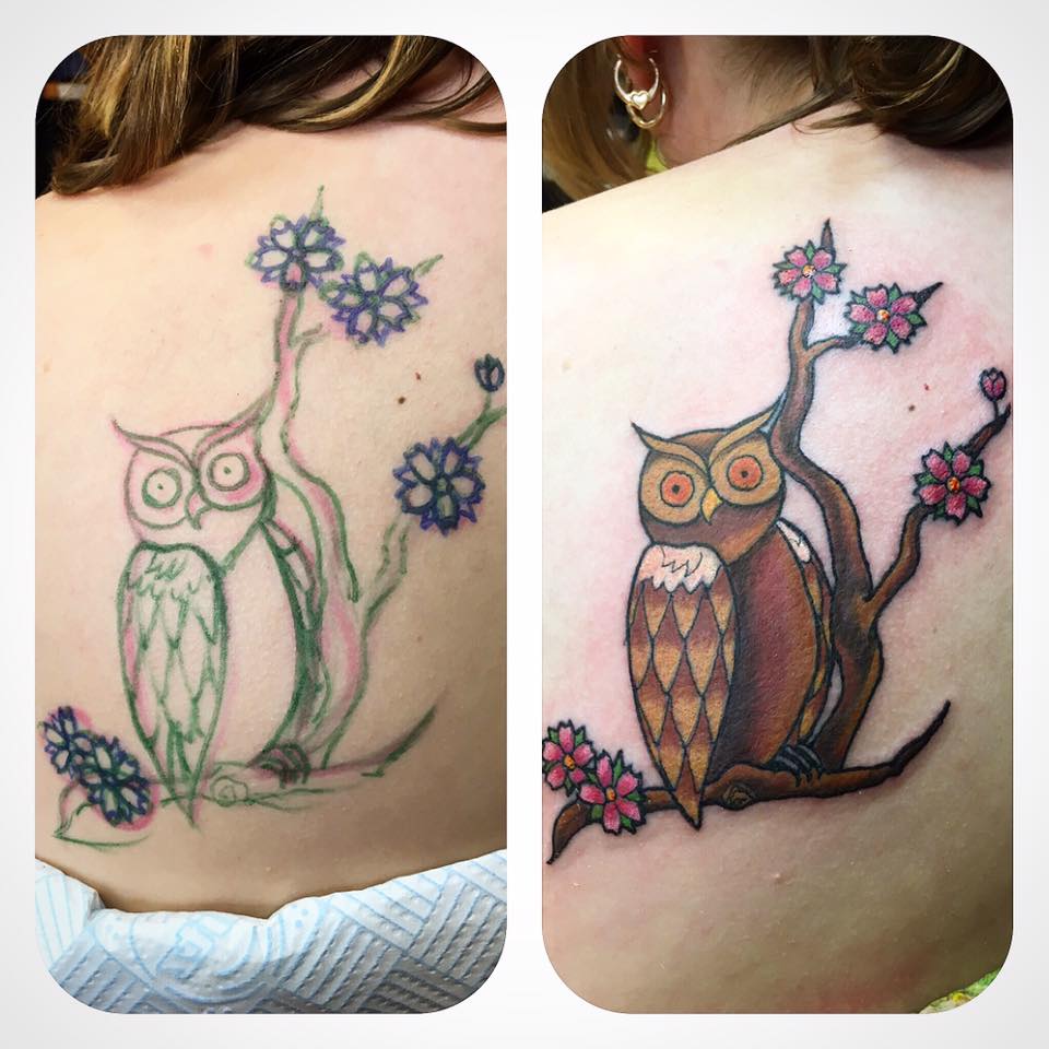 Little Owl Tattoo On Back by Tony Burdin