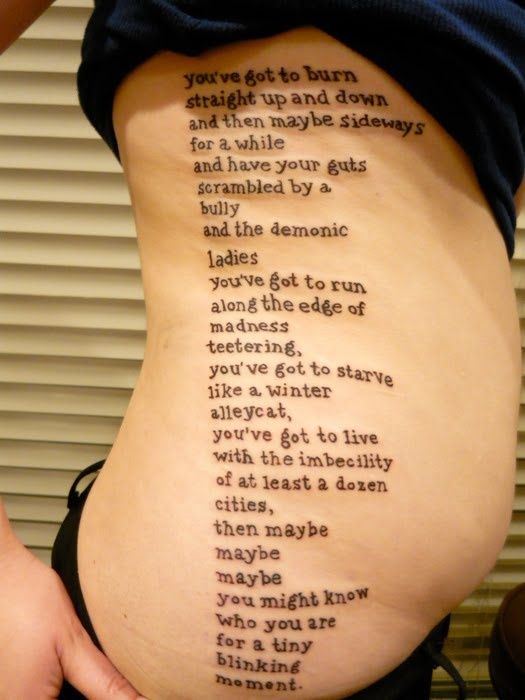 Long Poem Tattoo On Side Rib For Girls