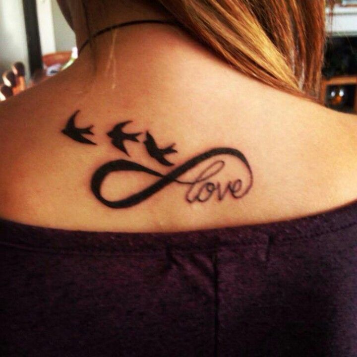 Love Birds Infinity Symbol Tattoo On Upper Back For Girls