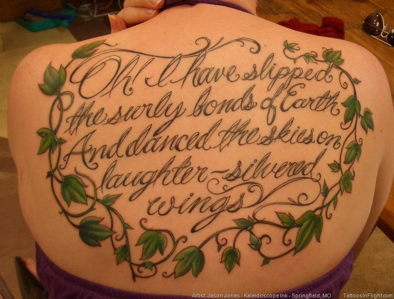 Love Green Leaves And Poem Tattoo On Upper Back For Girls