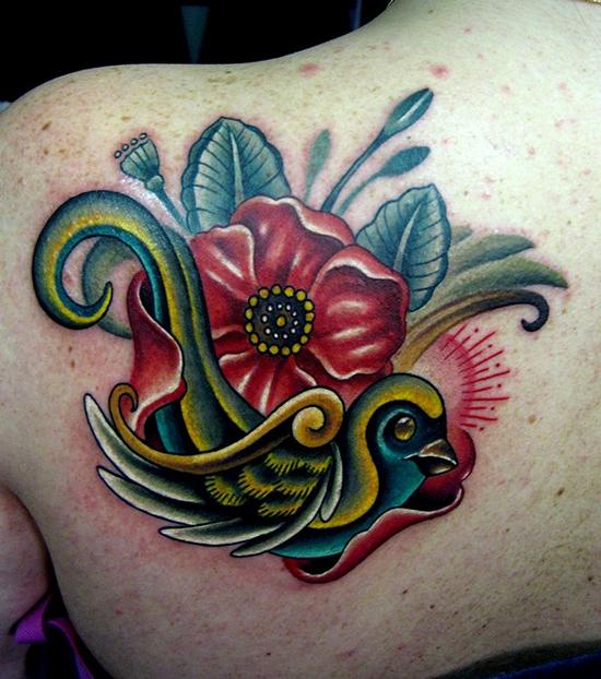 Lovely Bird And Flower Old School Tattoo On Left Back Shoulder For Girls