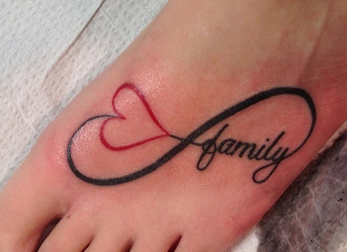 Lovely Heart And Family Infinity Tattoo On Foot