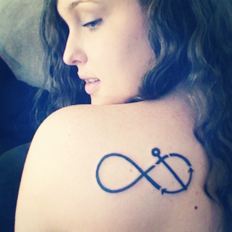 Lovely Infinity Anchor Tattoo On Left Back Shoulder For Girls