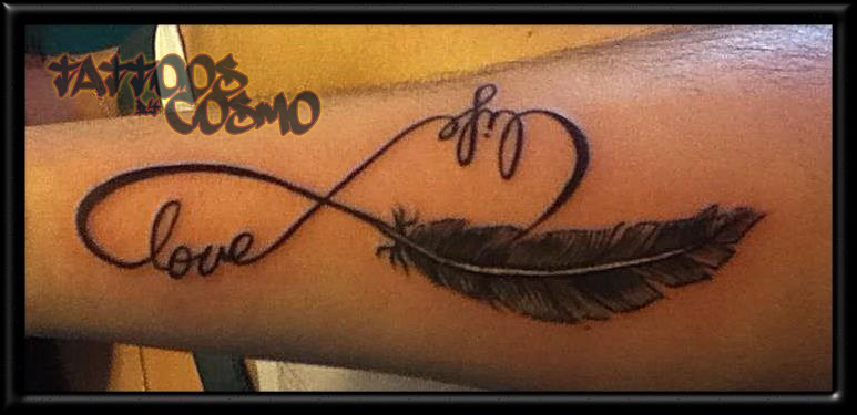 Lovely Infinity Symbol With Feather Tattoo On Arm Sleeve
