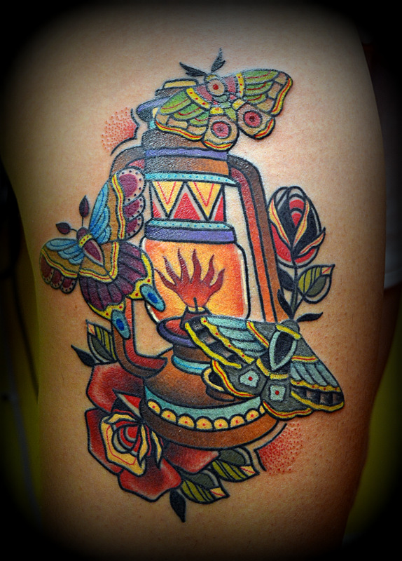 Lovely Lantern With Butterflies Traditional Tattoo