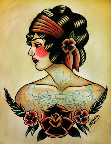 Lovely Old School Flapper Girl Tattoo Design