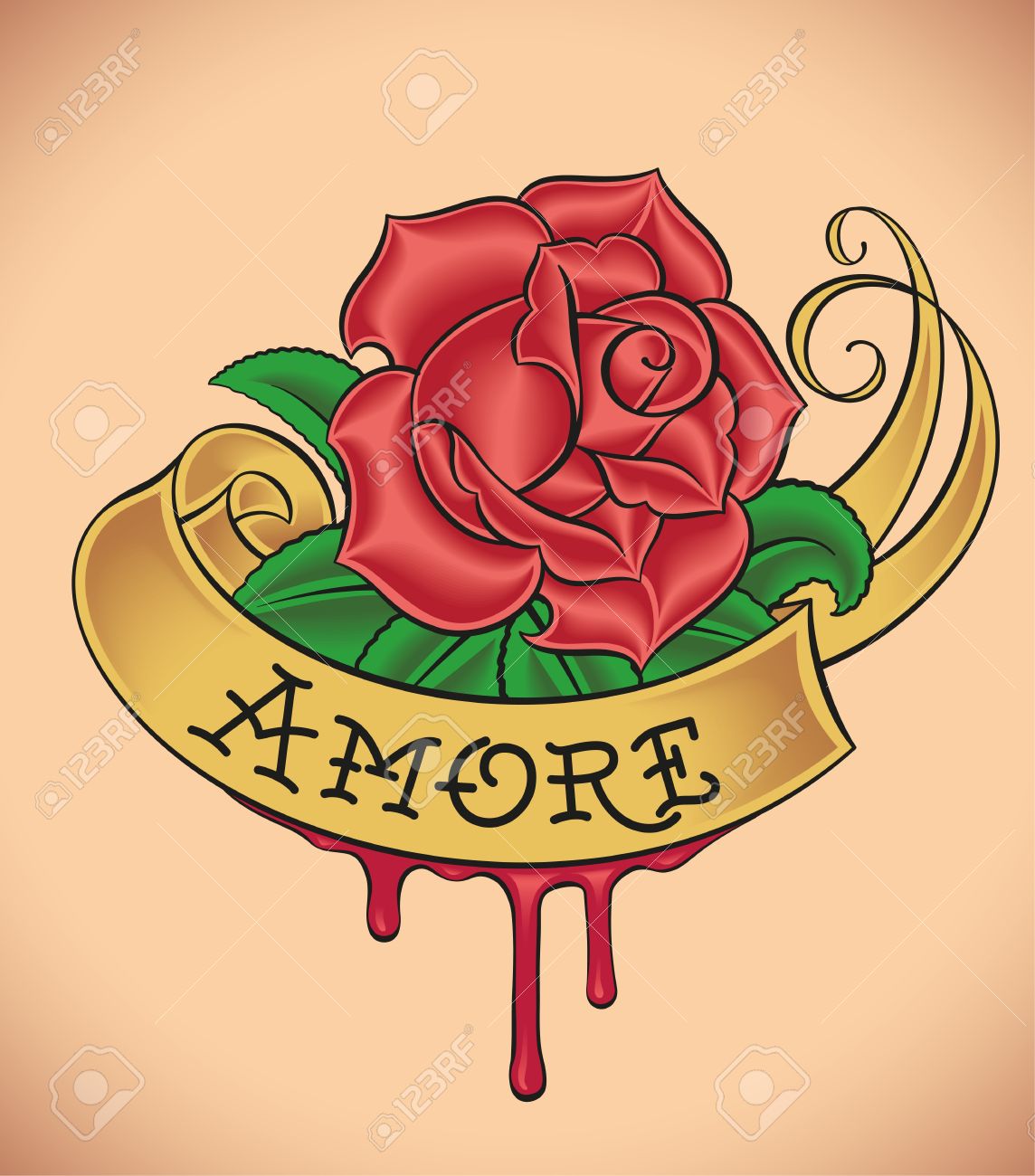 Lovely Rose And Bleeding Banner Old School Tattoo Design