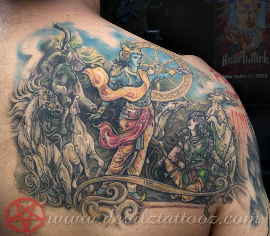 Mahabharata Tattoo On Right Back Shoulder by Alex Shimray