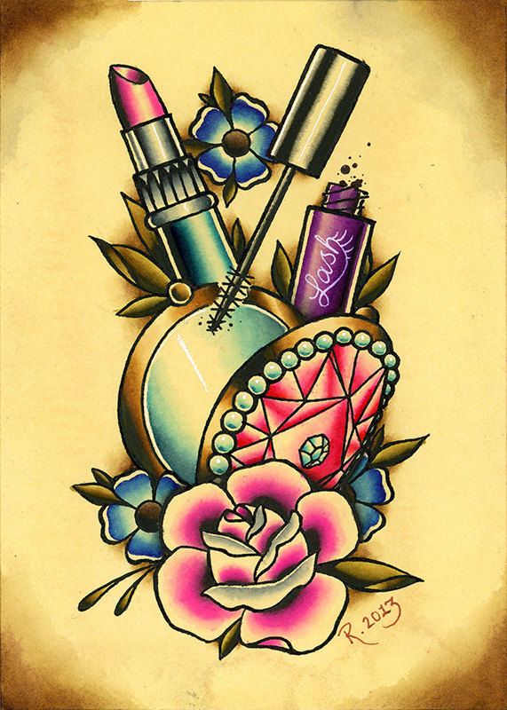 Makeup And Flowers Old School Tattoo Design