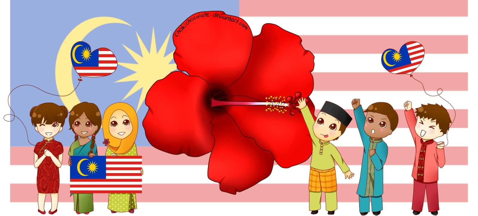 Malaysian Kids With Lily Flower And Flag Happy Malaysia Day Illustration