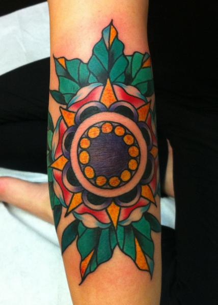 Mandala Flower old School Tattoo On Sleeve By Three Kings