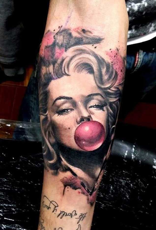 Marilyn Monroe Bubble Gum Tattoo On Arm Sleeve