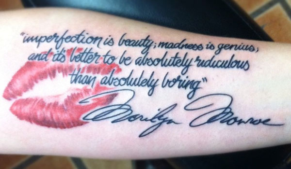 Marilyn Monroe Imperfection Quote Tattoo On Forearm
