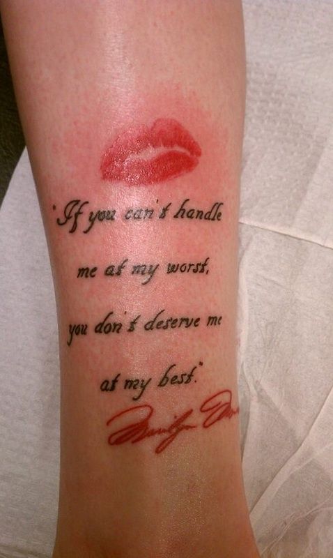 Marilyn Monroe Quote With Red Signature Tattoo On Arm