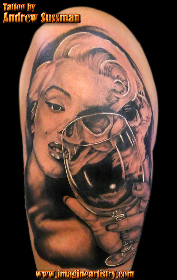 Marilyn Monroe Skull With Glass Tattoo On Left Half Sleeve By Asussman