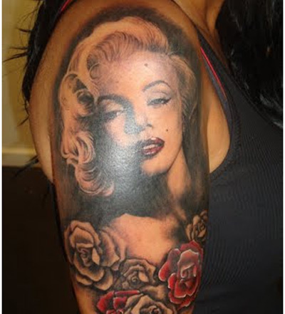 Marilyn Monroe With Flowers Tattoo On Right Half Sleeve For Girls