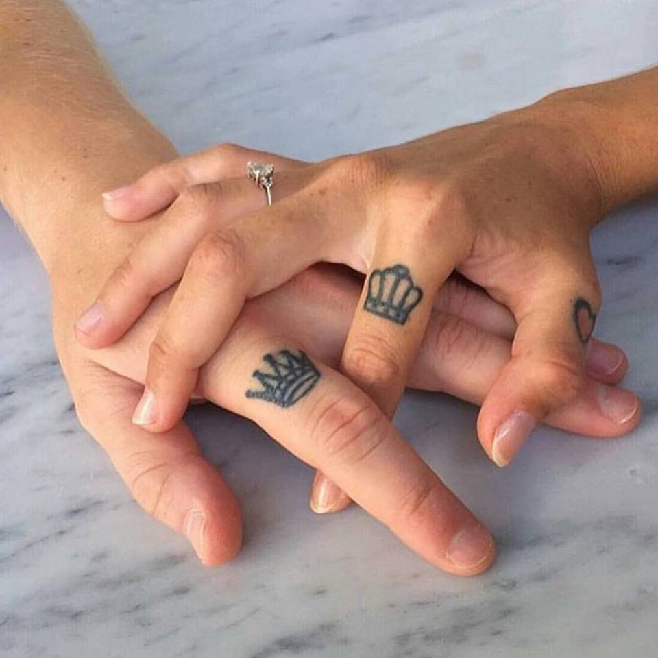 Matching Crown Tattoos On Fingers For Couple