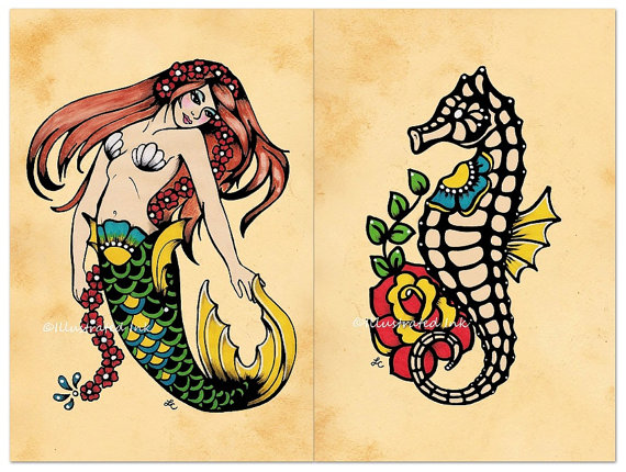 Mermaid And Seahorse Old School Tattoos Design
