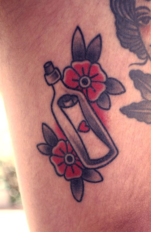 Message In Bottle And Flower Old School Tattoo