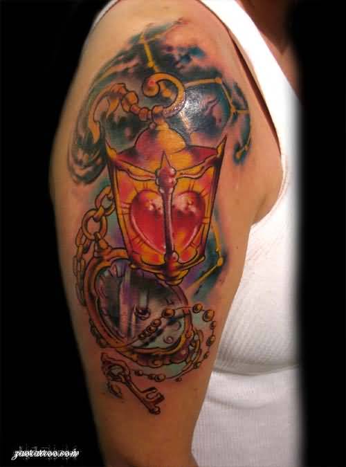 Mirror With Heart Lantern Tattoo On Right Half Sleeve