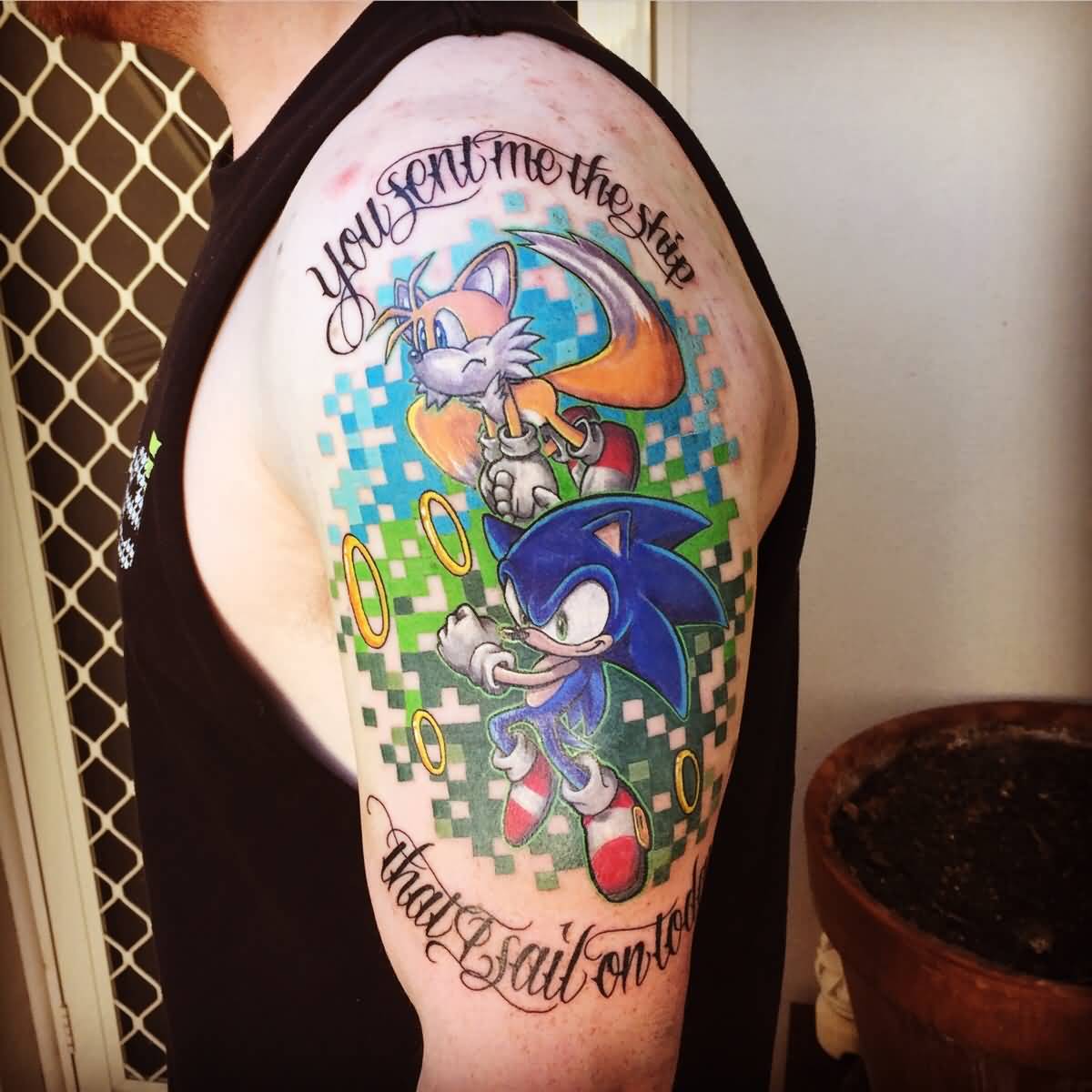 My Amity Affliction X Sonic And Tails Piece Tattoo On Left Half Sleeve By Troy Slack
