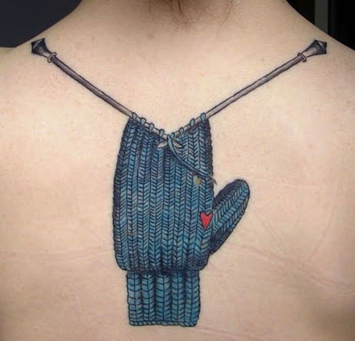 Needles Knitting Mittens Tattoo On Upper Back