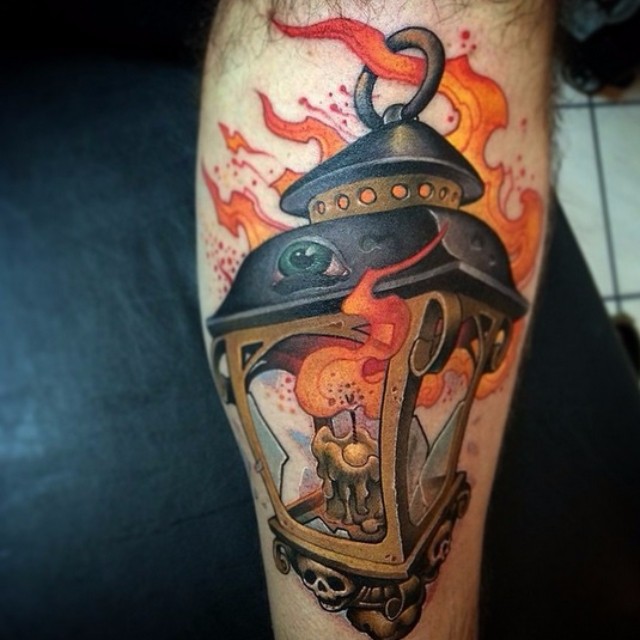 New Skull Candle Lantern Tattoo On Leg By Victor Chil