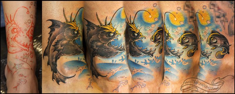Nice Angler Fish With Other Fish Tattoo
